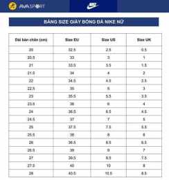 giao diện app bảng size giày đá bóng nike
